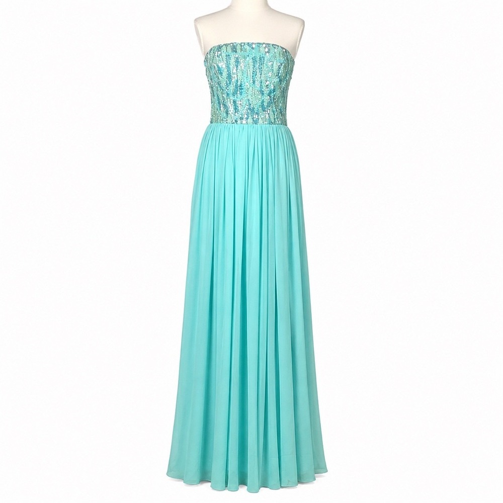 Aidan Mattox Beaded Sequin Strapless Gown Womens 6 Aqua Blue Formal Prom Gala